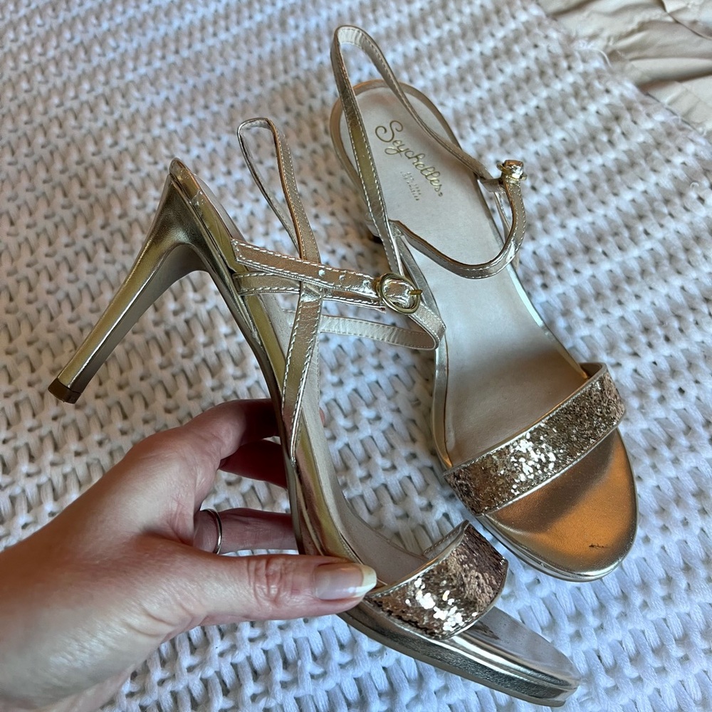Seychelles Shimmering Gold Heels open toe ankle strap
